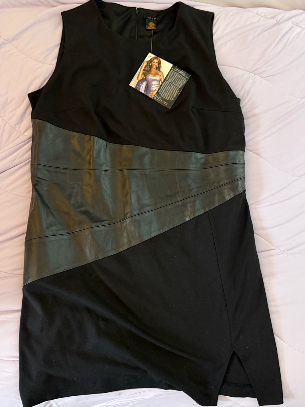 IMAN Black Sleeveless Shift Dress with Faux Leather Diagonal Panel